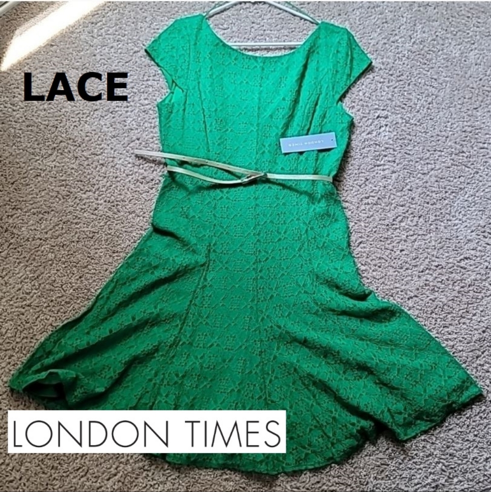 NWT London Times lace overlay cap sleeve belted dress, size 14